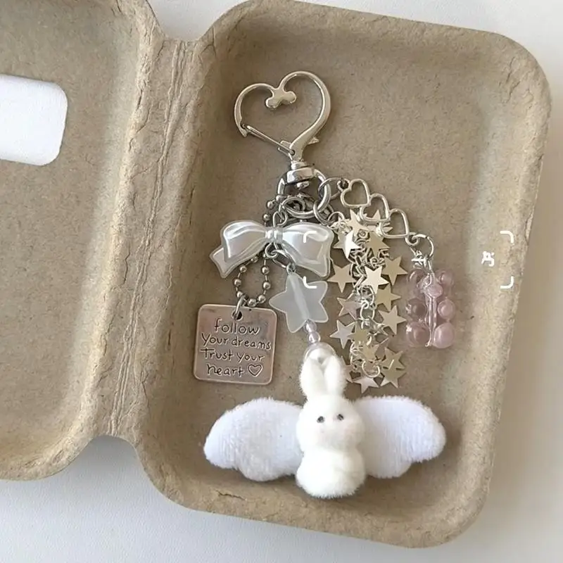Cute Angel Bunny Keychain Soft Plush Pendant Bow Star Charms Perfect For Girls Daily Gift Backpack Decor