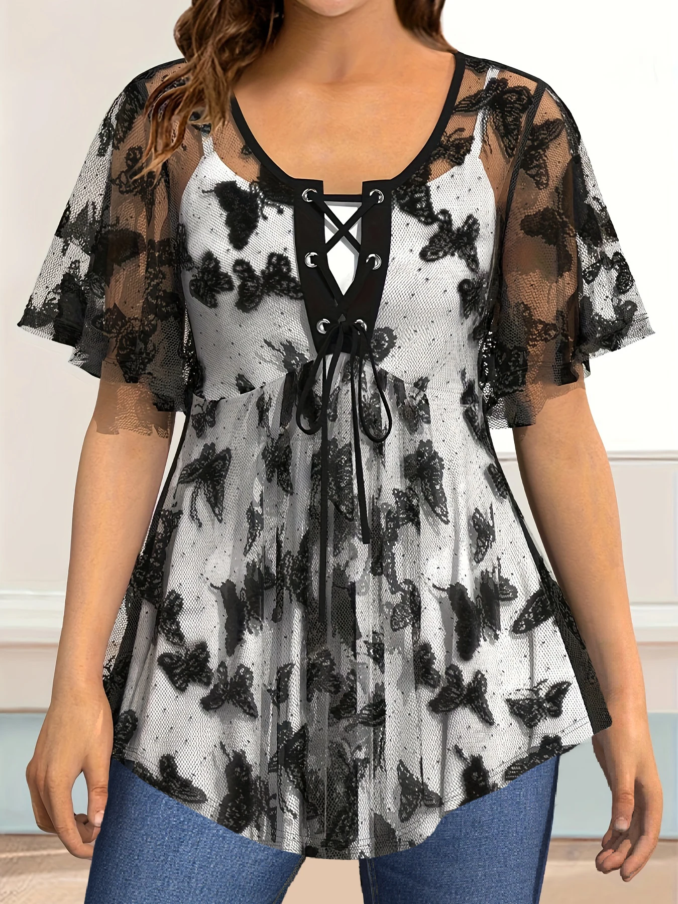 Plus Size Women Blouse Butterfly Print Mesh Flutter Sleeve Lace Up V Neck Two In One Casual Blouse Layered Sheer Mesh Shirts Top