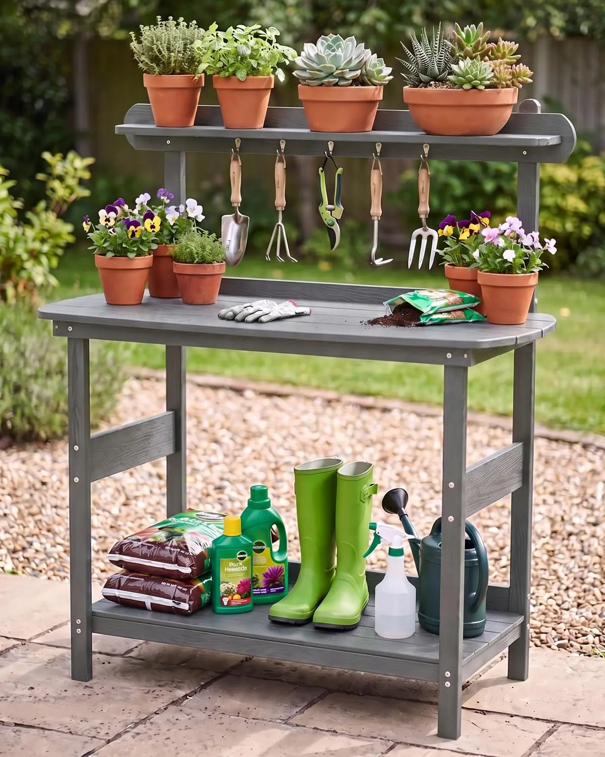 Outdoor Potting Table Bench with 3-Tier Storage Gray