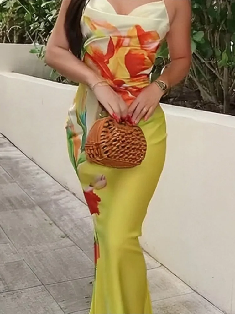 Été couverture Ups femmes maillot de bain Spaghetti sangle Robes maillot de bain 2026 nouvelle fleur impression plage vacances Maxi Robes couverture