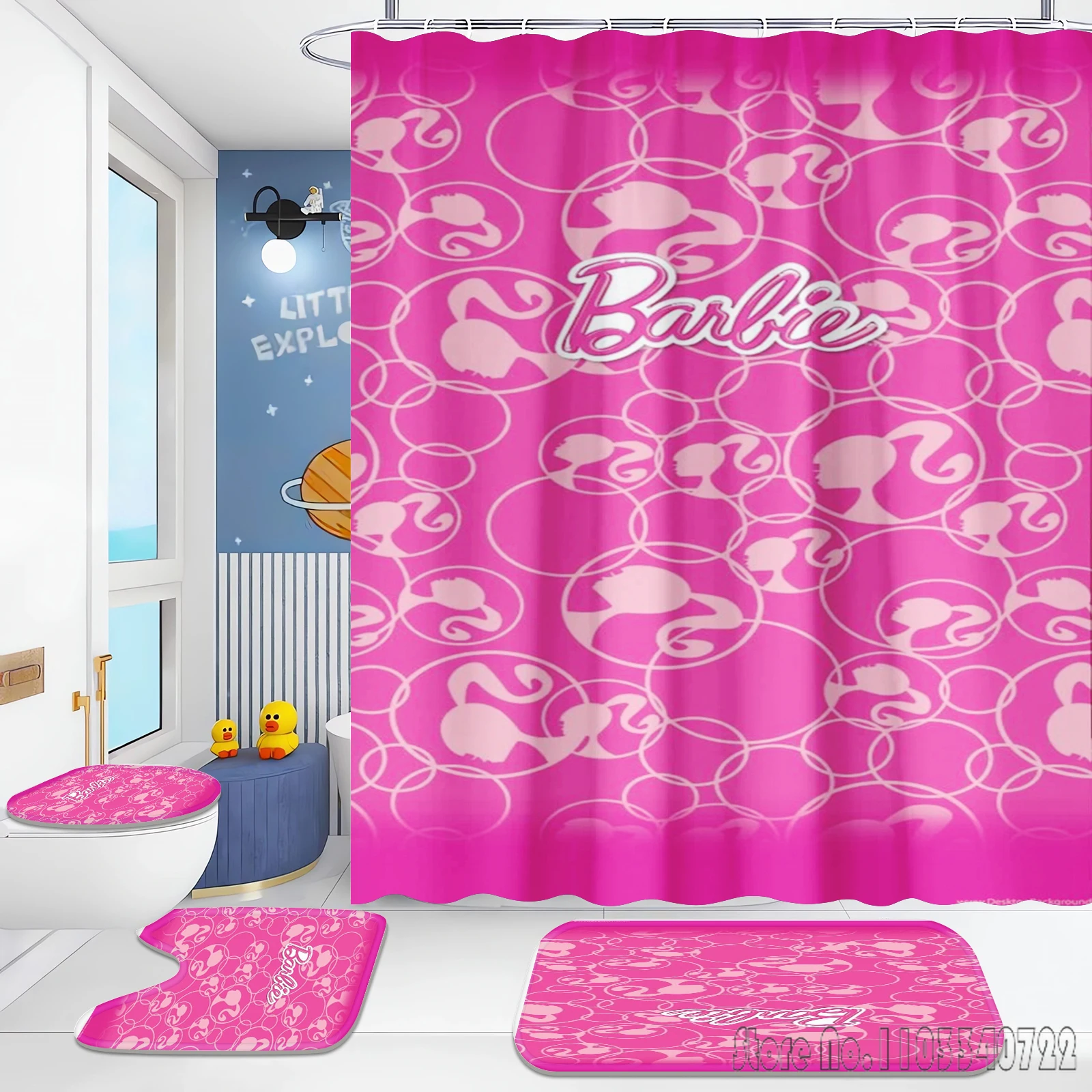 Barbie Princess Bath Shower Curtain Set 4pcs with Hooks Waterproof Bathroom Toilet Mat Lid Decor