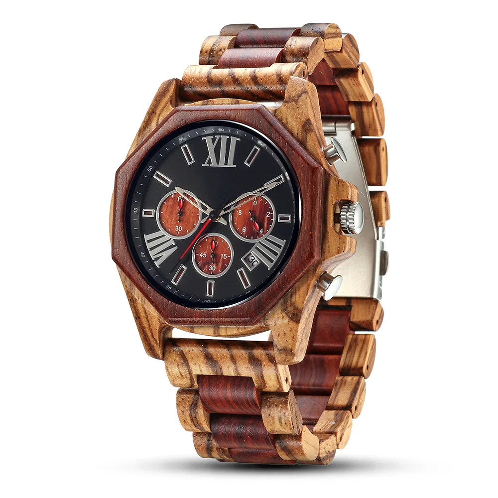 

Multi Function Irregular Dial Mens Wristwatch Red Sandalwood Chronograph Calendar Quartz Outdoor Wooden Watch