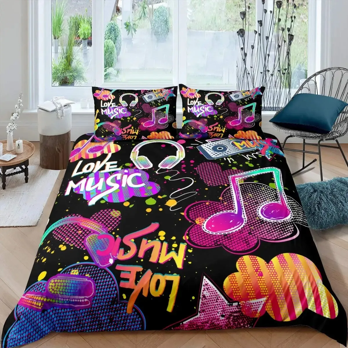 

Music Note Duvet Cover Set Queen Size Rock Music Theme Comforter Cover Boys Girls Colorful Headphones Radio Soft Bedding Set