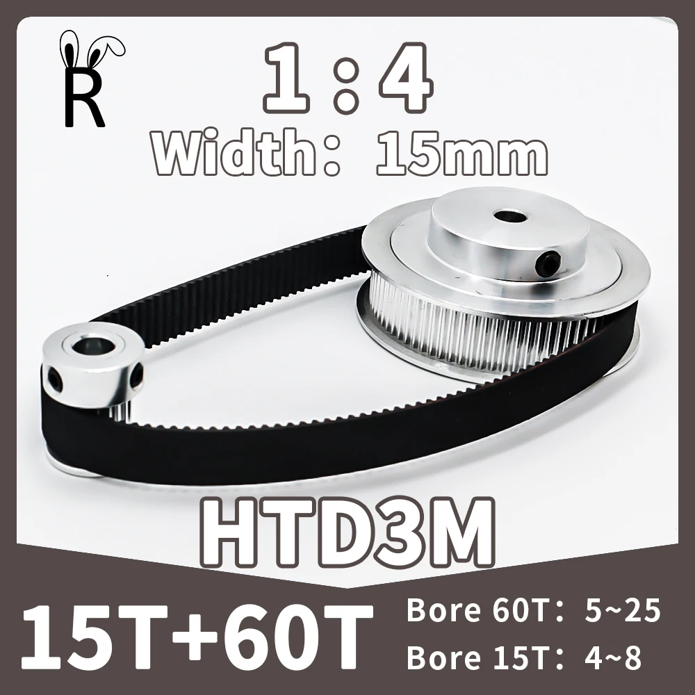 

15T 60Teeth Belt Width 15mm Reduction4:1 HTD 3M Timing Pulley Belt Set Tensioning Wheel HTD3M 60T 15Teeth Synchronous Pulley Kit