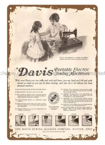 1919 Davis Portable Electric Sewing Machines metal tin sign home  wall decor