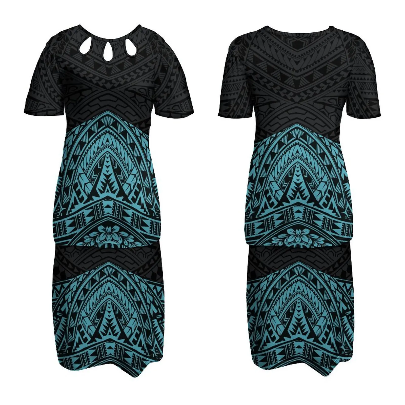 Best Price Wholesale Customized Pacific Island Art Design Lady Round Neck Dress Polyensian Puletasi Half Sleeve Dresses 2pcs