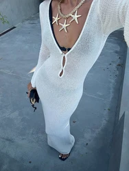 JULISSA MO Knitted Sexy See Through Maxi Dress For Women White Long Sleeve Hollow Out Dress Summer Skinny Elegant Beachwear 2024