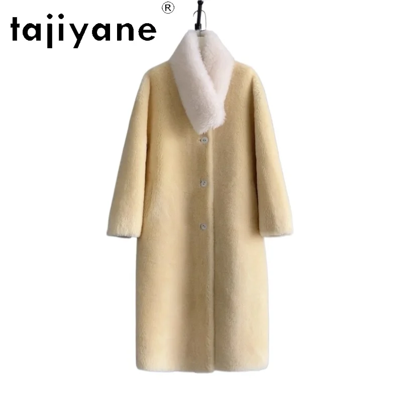 Tajiyane casacos de lã natural 100% para mulheres estilo coreano amarelo longo corte jaqueta 2025 inverno outerwears roupas femininas шрость