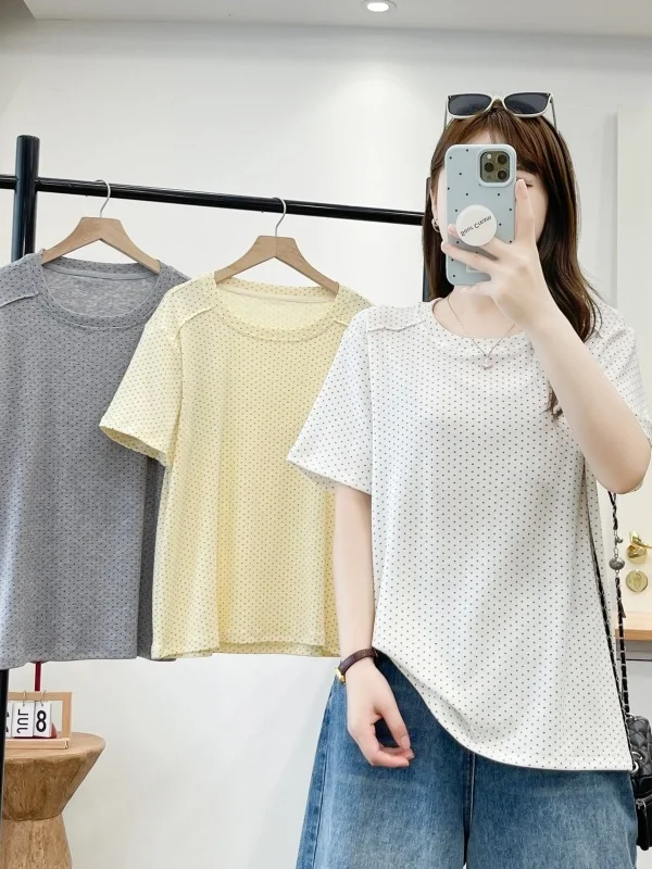 水玉模様プリント ルーズフィット 半袖 ラウンドネック レディース Tシャツ 夏 カジュアルウェア 快適 ソフト ポリエステル繊維 1
