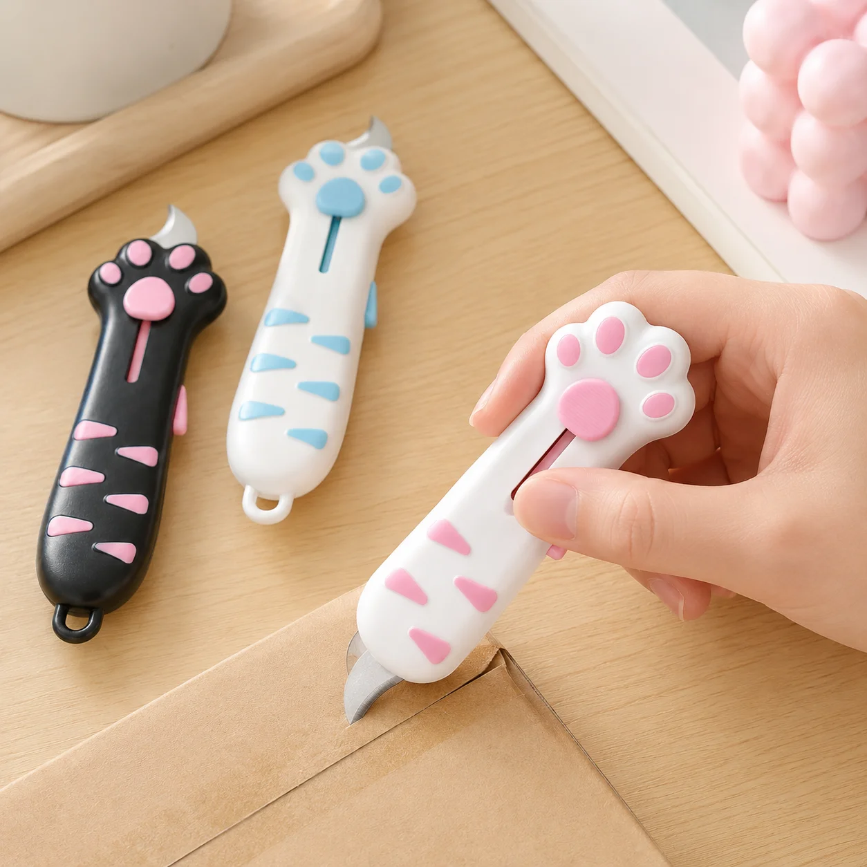 Niedliches Katzenpfoten-Design, faltbares Universalmesser, Taschen-Mini-Schere, gebogener Kopf, Kartonöffner, praktisches Bastel-Schneidewerkzeug zum Öffnen von Paketen im Büro. – Detail 3