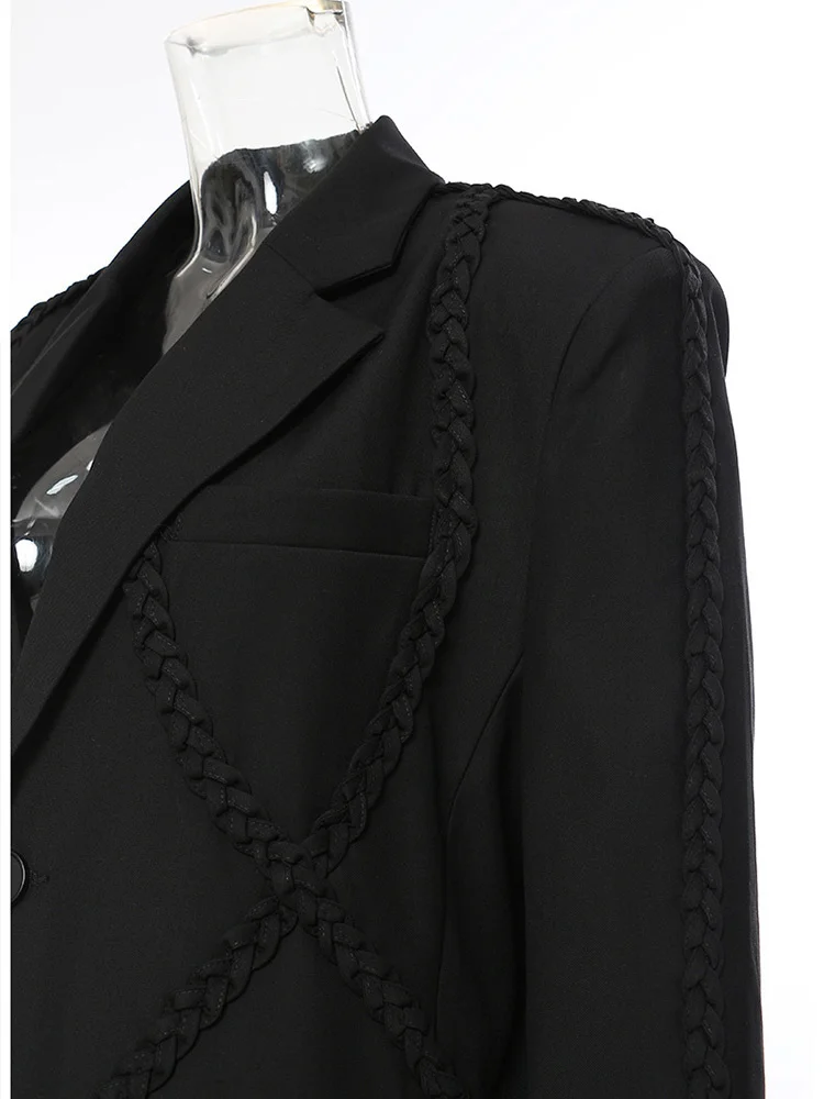 [EAM]  Women Black Weave Big Size Casual Blazer New Lapel Long Sleeve Loose Fit Jacket Fashion Tide Spring Autumn 2024 1DE7544