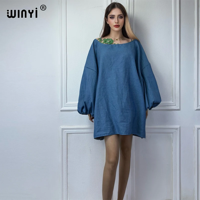 WINYI NEW Original Bubble sleeves making old denim dresses Fashion Africa Womens holiday Casual Maxi beach dress party dresses