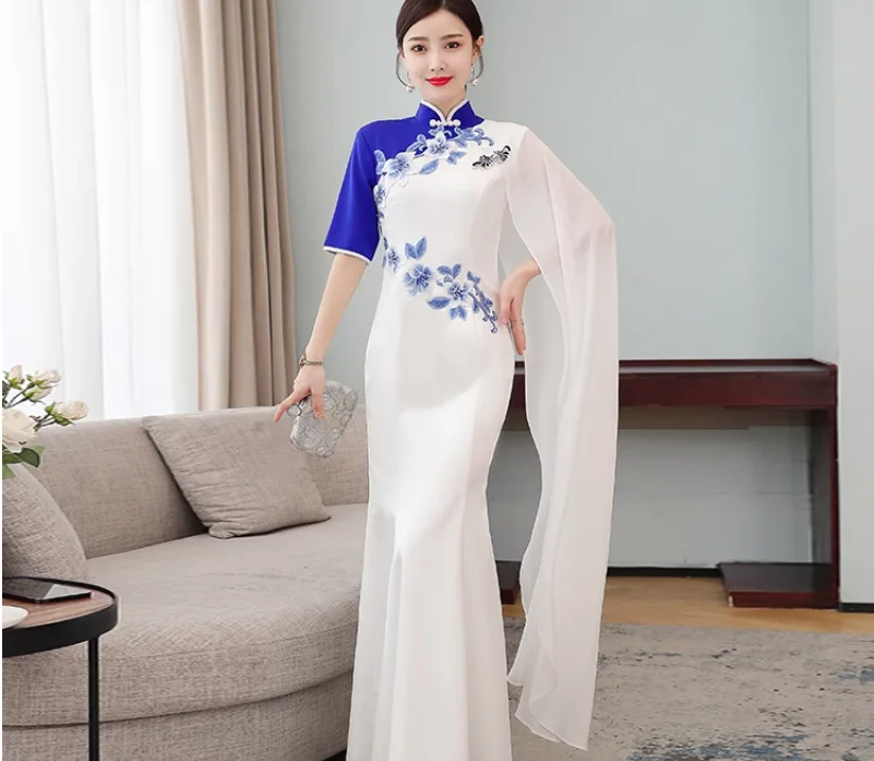 

Новое длинное платье в китайском стиле, банкетная модель, подиум, Cheongsam