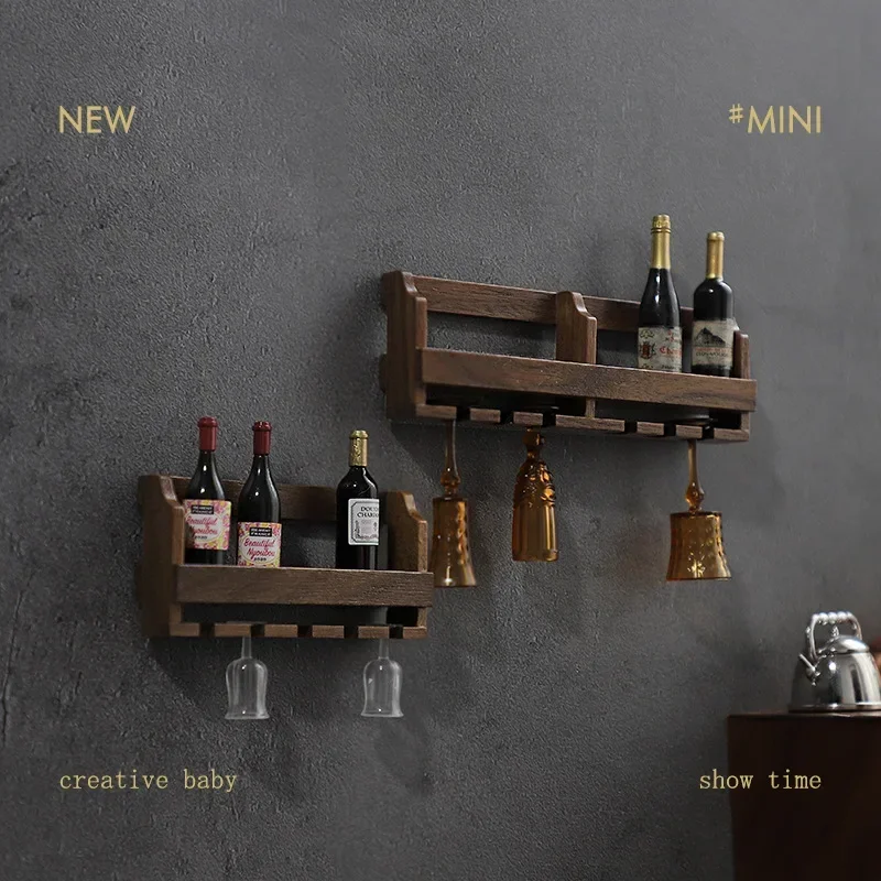 Mini Cup Holder Wine Rack Dollhouse Miniature Items Walnut Wine Wall Shelf Doll House Accessories Bar Wine Storage Model Toys