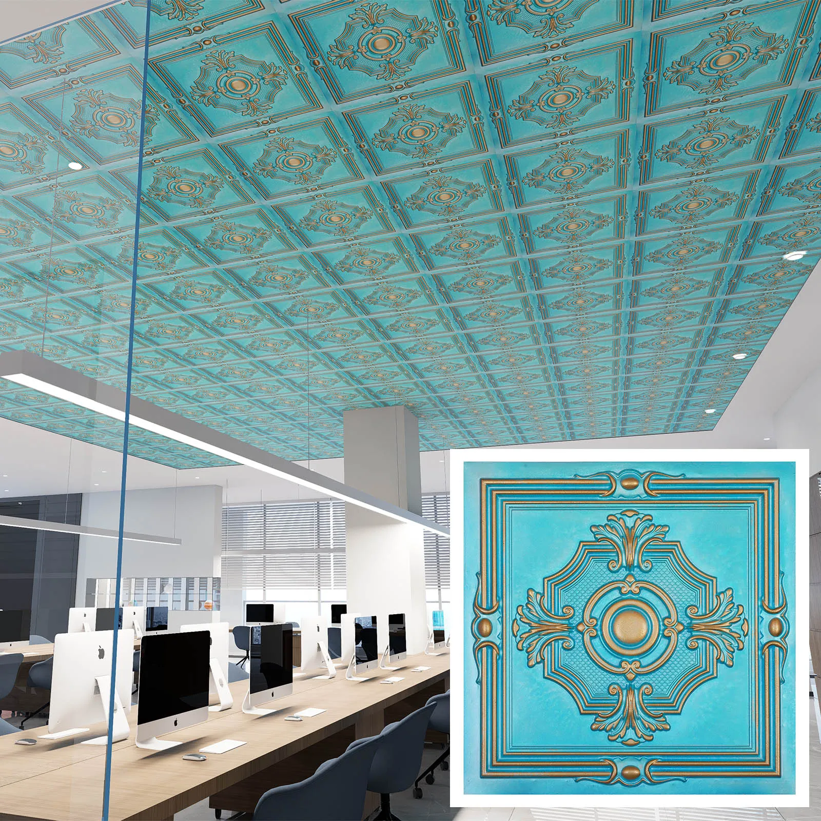 Village style ceiling tiles, Embossed wall panels, for Flower Boutique PL38 cyan gold 10pcs/lot