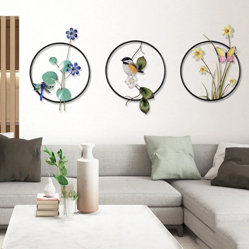 Modern Wrought Iron Round Flower Birds Wall Decoration Pendant Livingroom Background Hanging Crafts Hotel Porch Murals