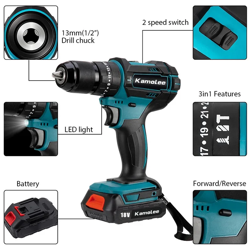 Kamolee 브러시드 무선 전기 임팩트 드릴, 가정용 DIY 전동 공구, Makita 18V 배터리, 13mm