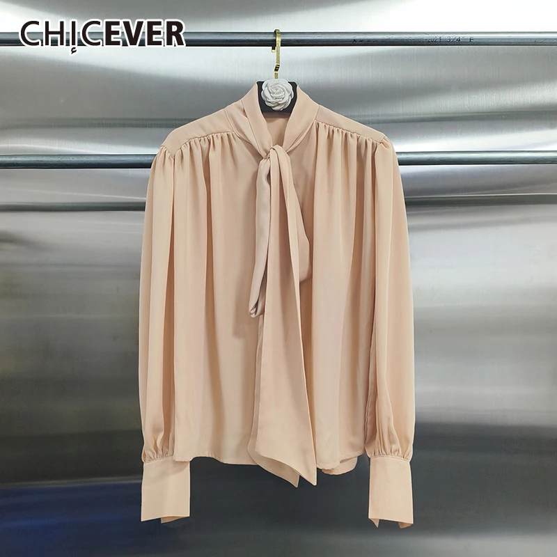 CHICEVER Solide Gespleißt Spitze Up Hemd Weibliche Stehkragen Langarm Lose Elegante Intellektuelle frauen Shirts Herbst Mode