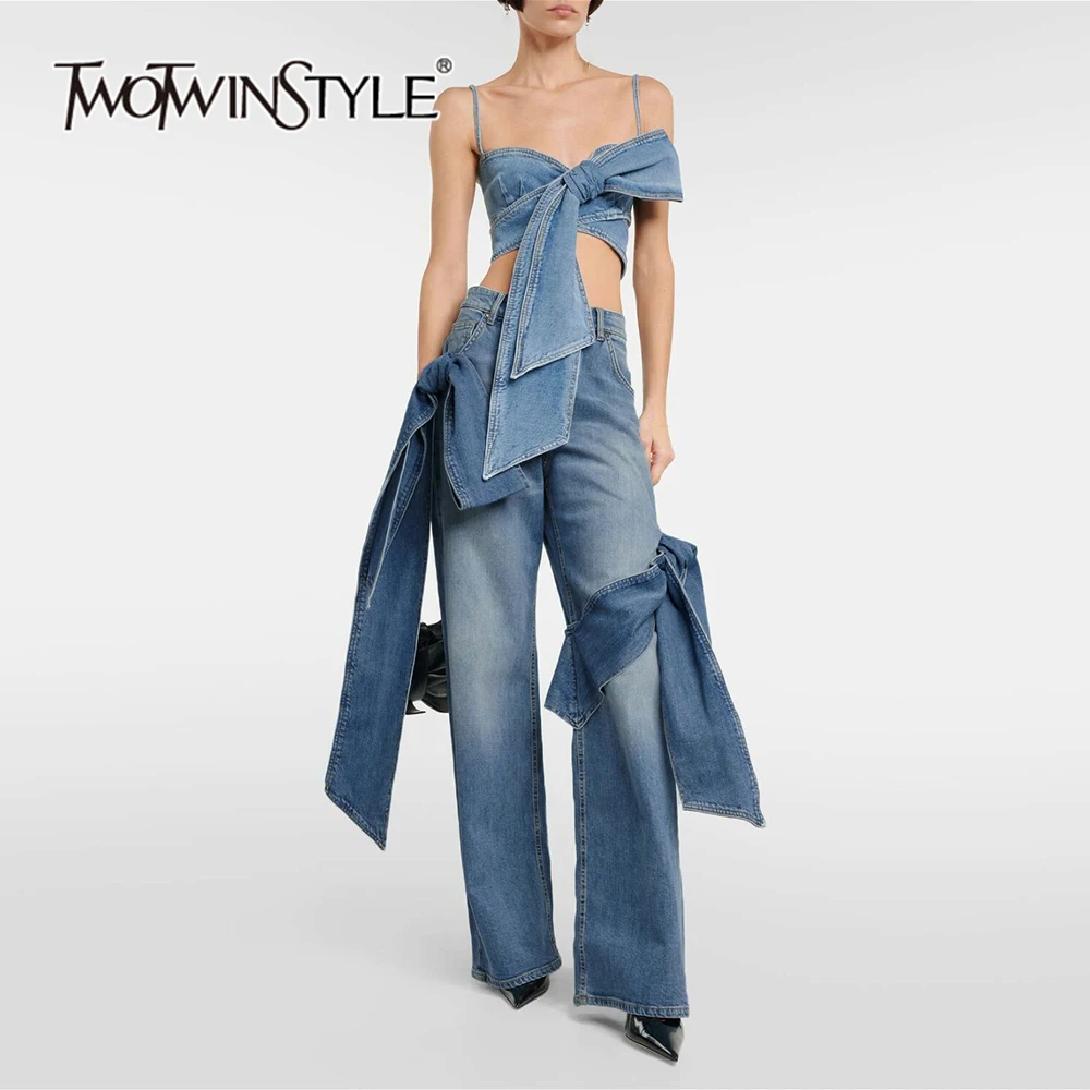 TWOTWINSTYLE Solid Two Piece Sets For Women Camisole Sleeveless Vest Spliced Bowknot Deaigner Pants Slim Sets Female Fashion