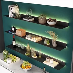 Iron Floating Wall Shelf Kitchen Storage Organizer Shelves Bathroom Display Stand Bedroom Plate Rack with Light Room Accessories