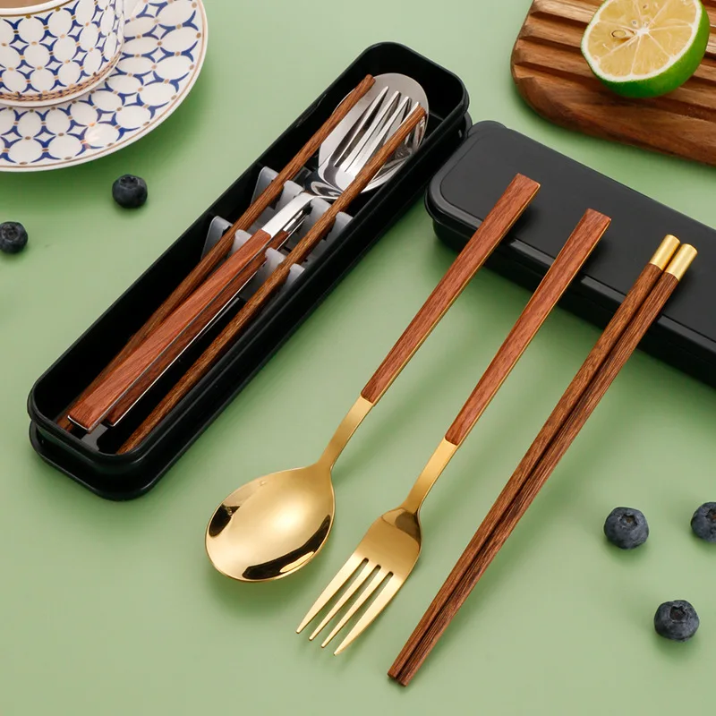

3Pcs Stainless Steel Portable Cutlery Set Spoon Fork Chopsticks Student Travel Korean Style Portable Cutlery Set Kitchen Supplie