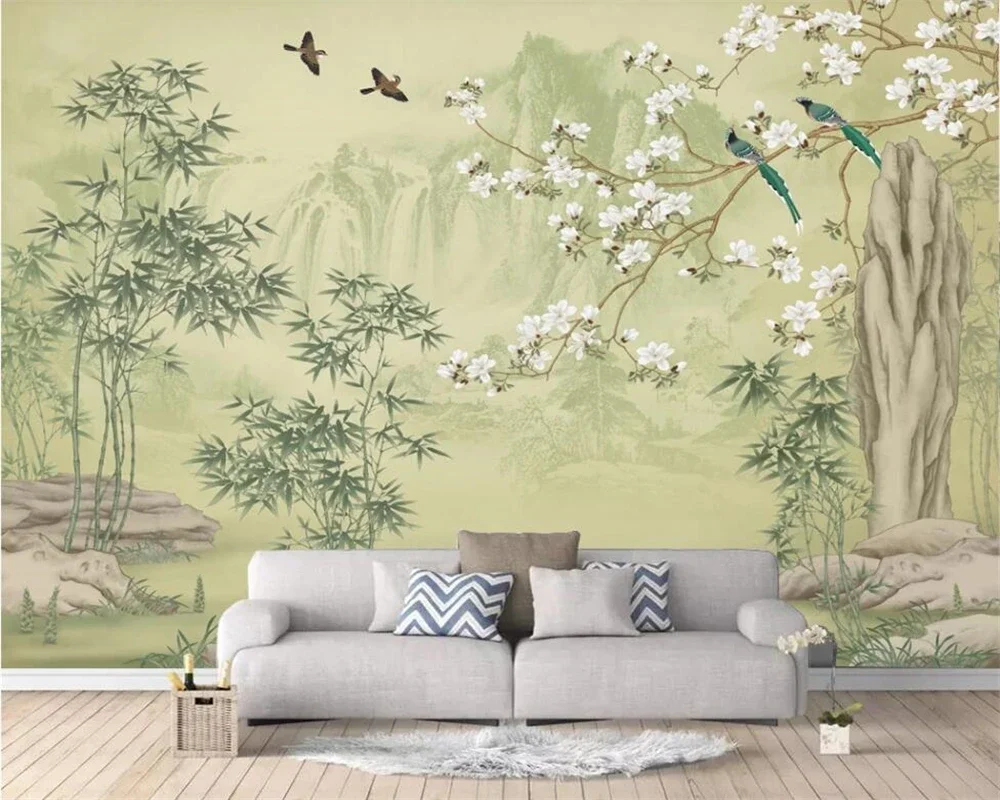 

Custom photo wallpaper mural European retro Magnolia hand-painted pen flower bird interior wall papers home decor papel tapiz