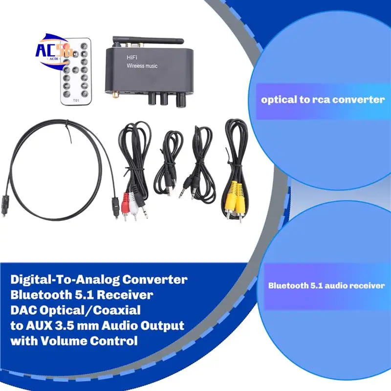 

AC56-Digital-To-Analog Converter Bluetooth 5.1 Receiver DAC Optical/Coaxial To AUX 3.5 Mm Audio Output With Volume Control