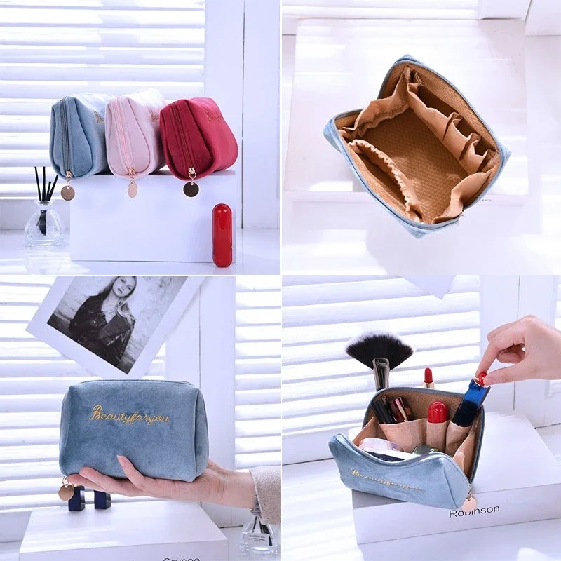 1 Pc Velvet Women Cosmetic Bag Travel Large Makeup Bag Solid Color Zipper Lipstick Storage Bags Female Make Up Organizer Pouch