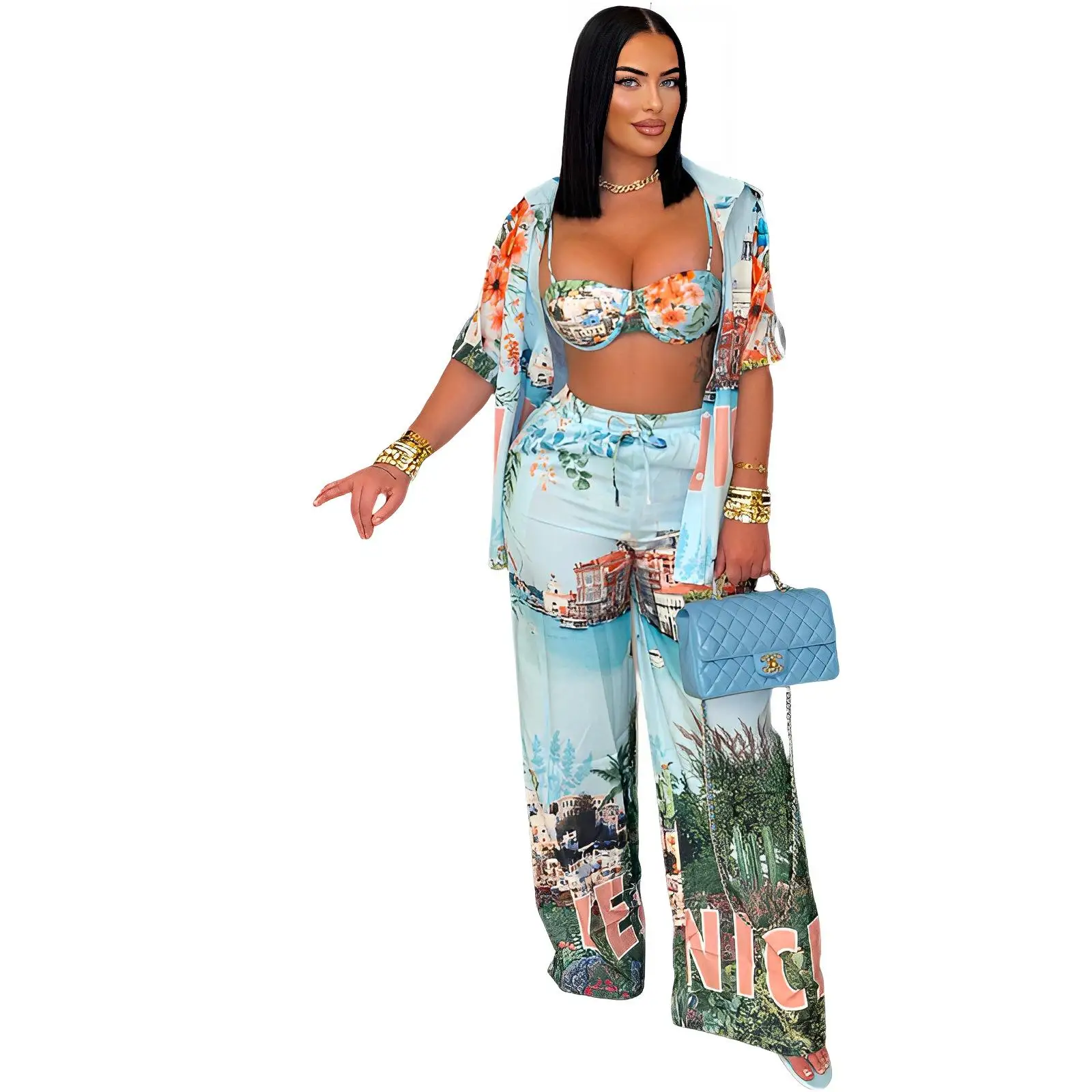 Conjunto de calças irt com estampa floral feminina verão quatro peças calças compridas country sle adulto faion conjunto