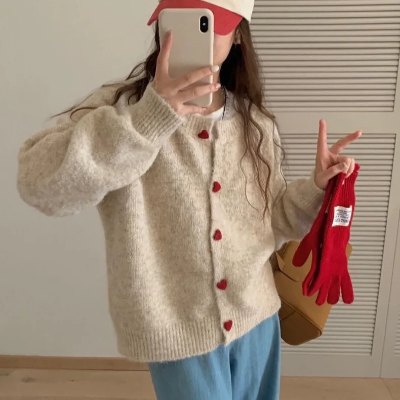 

Women Cardigan Korean New Autumn and Winter Gentle Style Heart Button Knitted Women's Round Neck Loose Sweater Jacket E11151