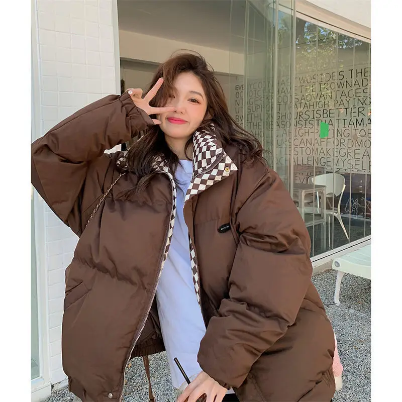 Thickened bread clothes women\'s checkerboard collar jacket women\'s winter new loose BF cotton-padded jacket tide