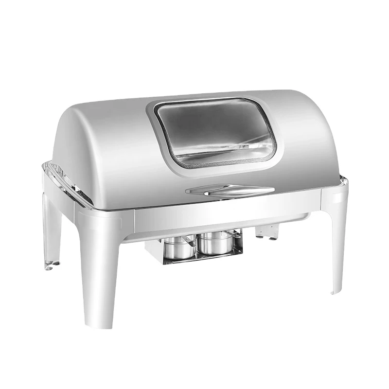 9L Commercial Hotel Stainless Steel Catering Rectangular Food Warmer Roll-Top Buffet Chafing Dish with Visual Glass Window