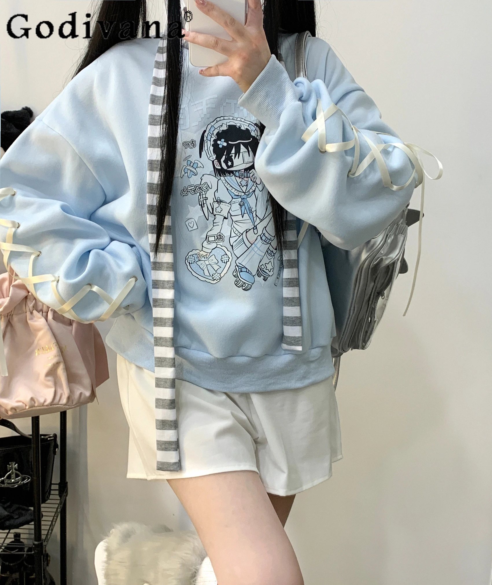 Japanese Mine Lace-up Cartoon Print Loose Slim White Lolita Hoodies Girly Harajuku Cute JK Fashion Autumn Student Sweatshirts