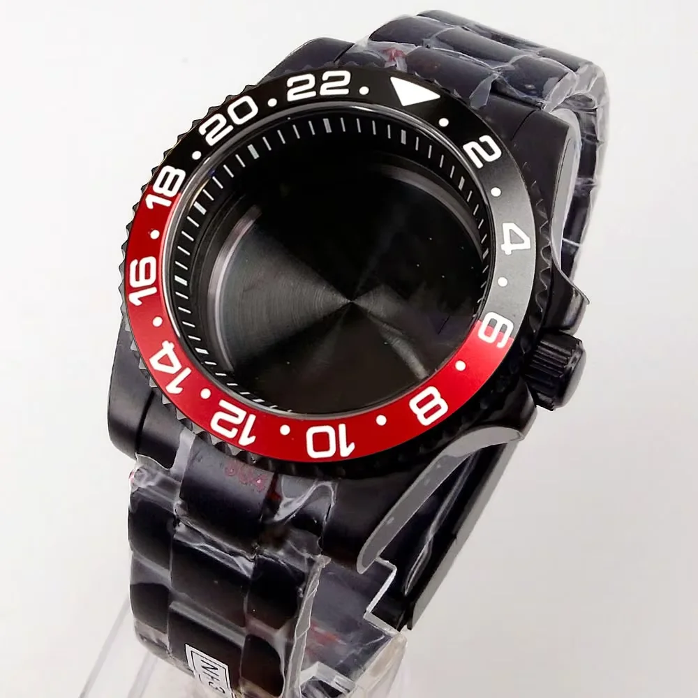 40mm Black Men Watch Case bracelet For NH35 NH36 ETA2824 PT5000 Automatic Sapphire Glass PVD Watch Case Black Chapter Ring