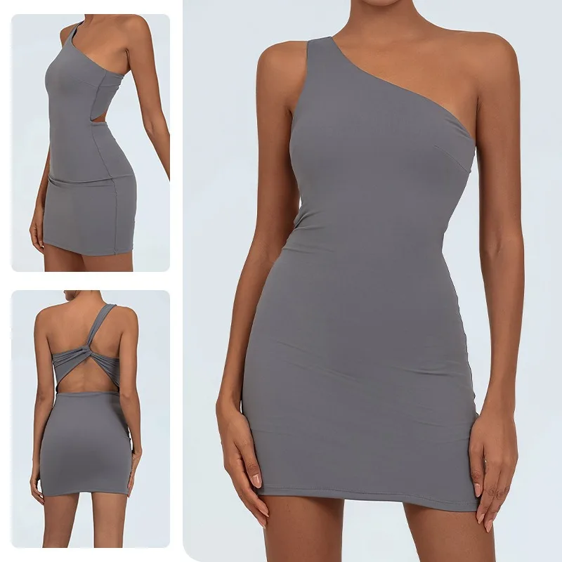 

Tennis Badminton Dresses with Shorts Single Shoulder Yoga Jumpsuits with Chest Pads Gym Workout Sets Women Golf Skirts Sportwear