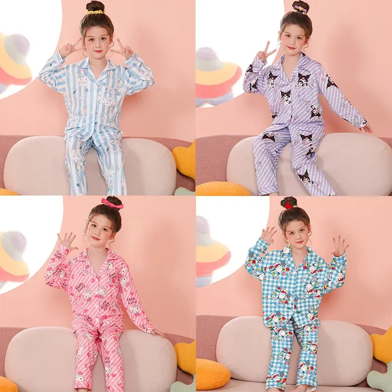 Anime Sanrioed Kuromi Mymelody Kids Long Sleeve Pajamas Set Boy Girls Cartoon Sleepwear Outerwear Home Clothes Parent-Child Wear