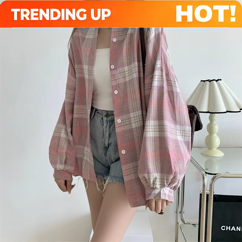 Customization Women Tartan Shirt Long Sleeve Collared Button Up Oversized Plaid Shirt Jacket Grunge Fashion Teenage Girl Spring