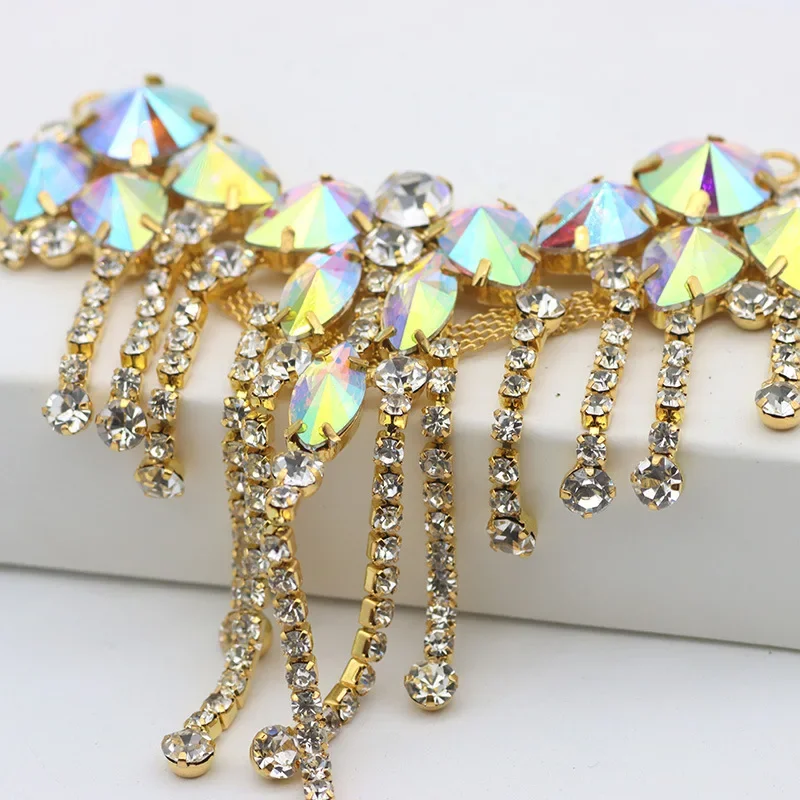 Colorful Sew on Rhinestones Applique Crystal Tassel Strass Patch for Wedding Dress Garment Decor V-Neck Evening Gown Accessories