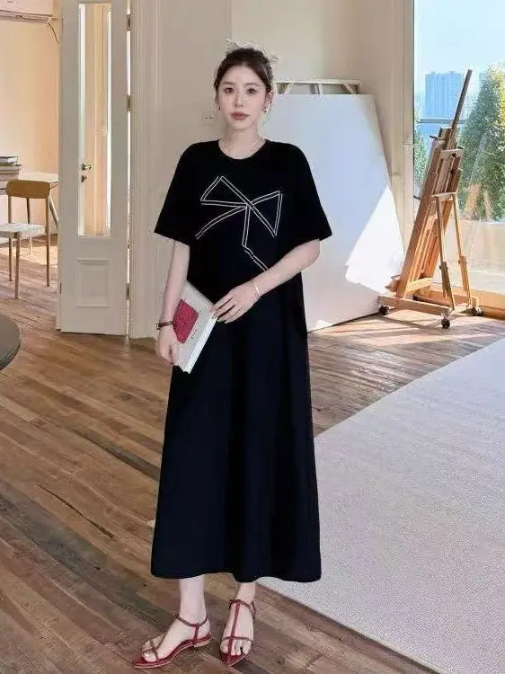 

Loose Short Sleeve T-Shirt Dress Korean Style Hong Kong Style Design Open Split Outerwear Summer Casual Home Leisure Pure Color