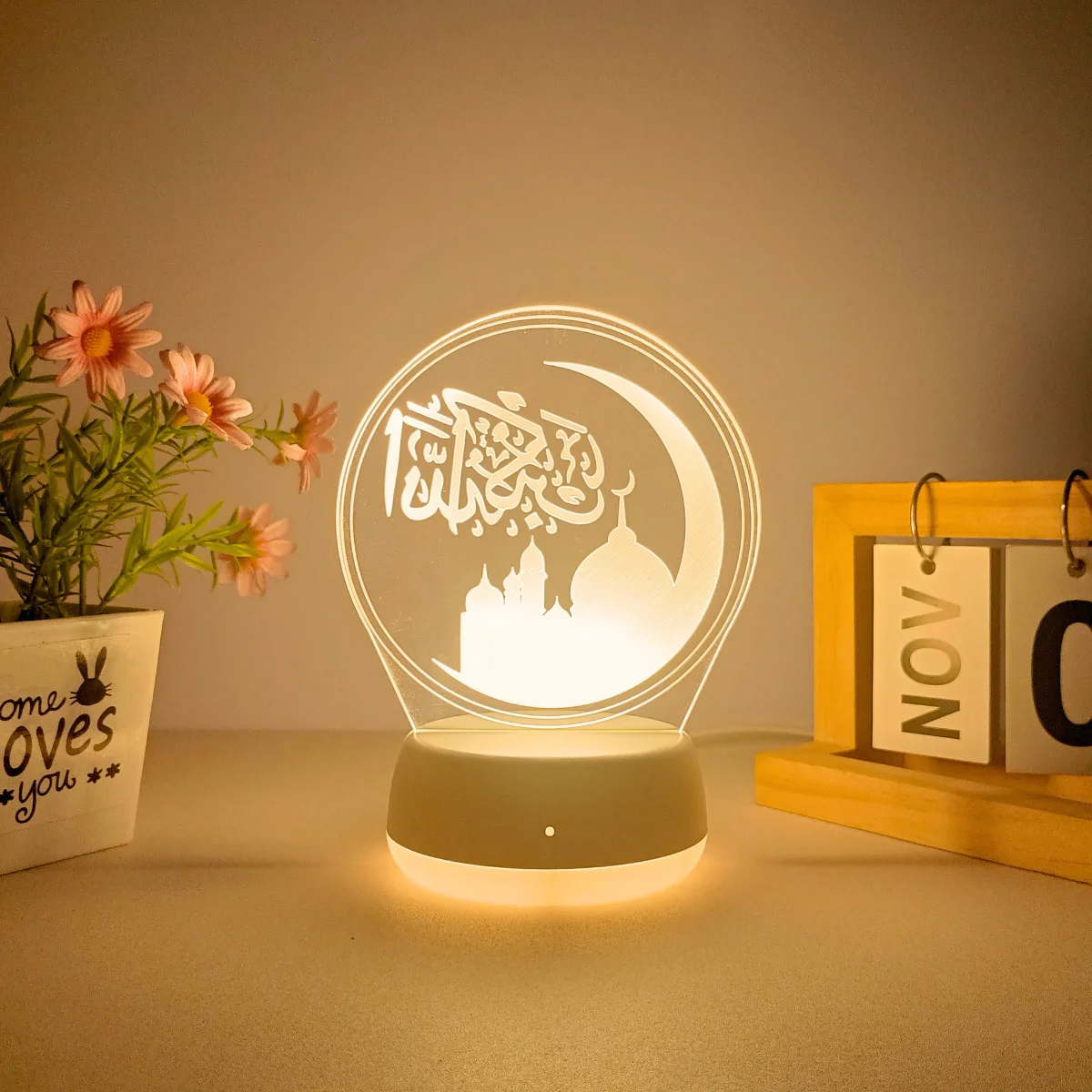 

1 шт. светодиодный круглый 3D-ночник с лунным замком, источник питания USB, подходит для спальни и гостиной, переключатель управления, теплый свет