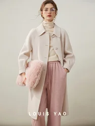 LOUIS YAO 2024 Winter Wool Blended Double-faced Coat Fashionable Age-reducing Lapel Shaped Pocket Thick Long Coat for Women