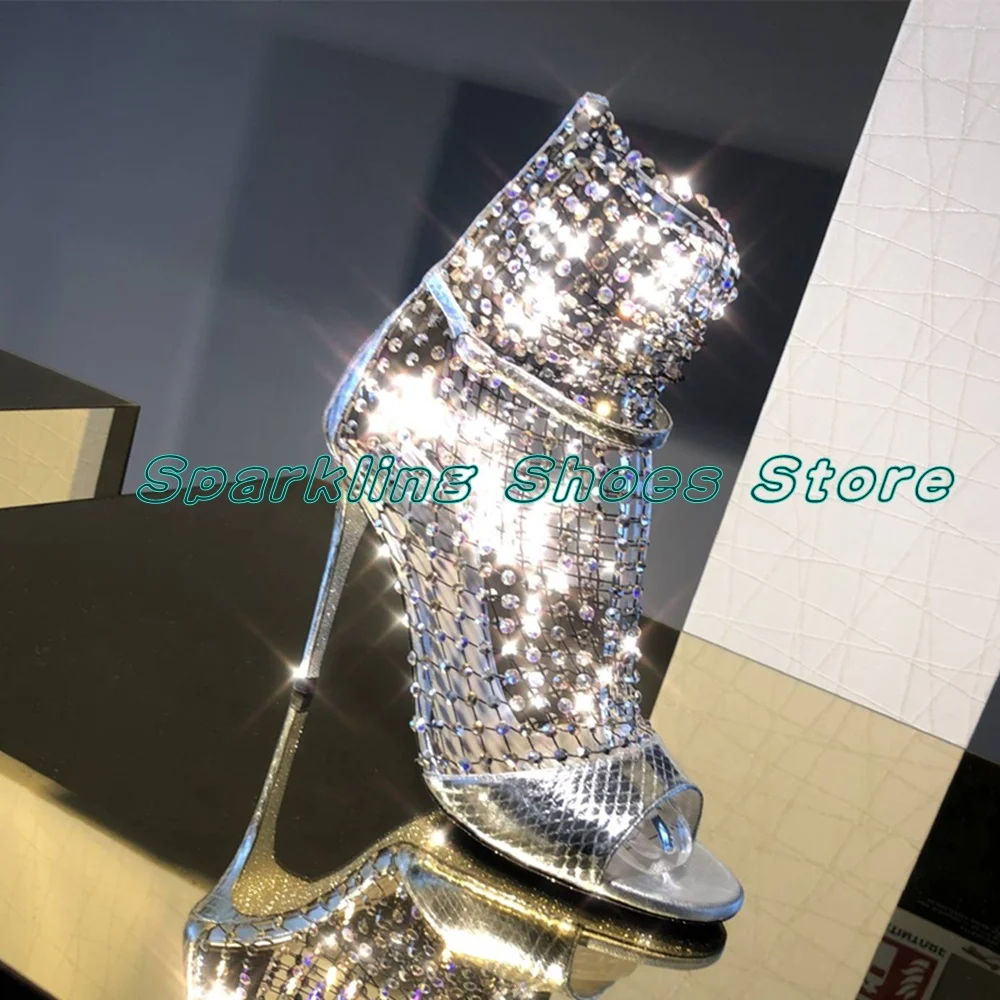 

New Elastic Mesh Roman Sandals High-Heeled Rhinestone Shoes Ladies Summer Chain Stiletto High Heels Buckle Strap Cover Heel