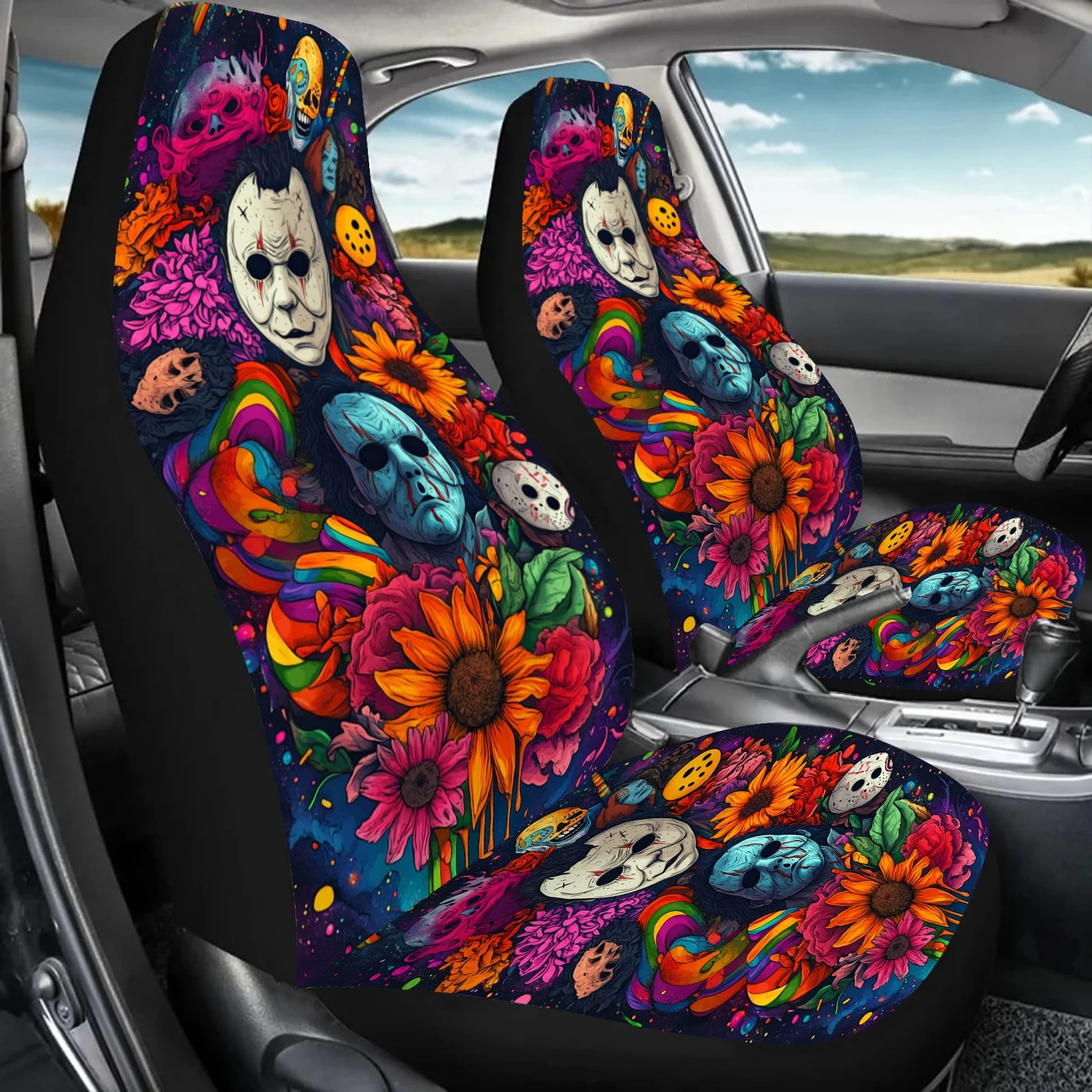 2pcs Cartoon Sunflower & Faceless Mask Character Print Car Seat Covers - Vibrant Colorful Design, Soft Foam Padding, Fit For Car