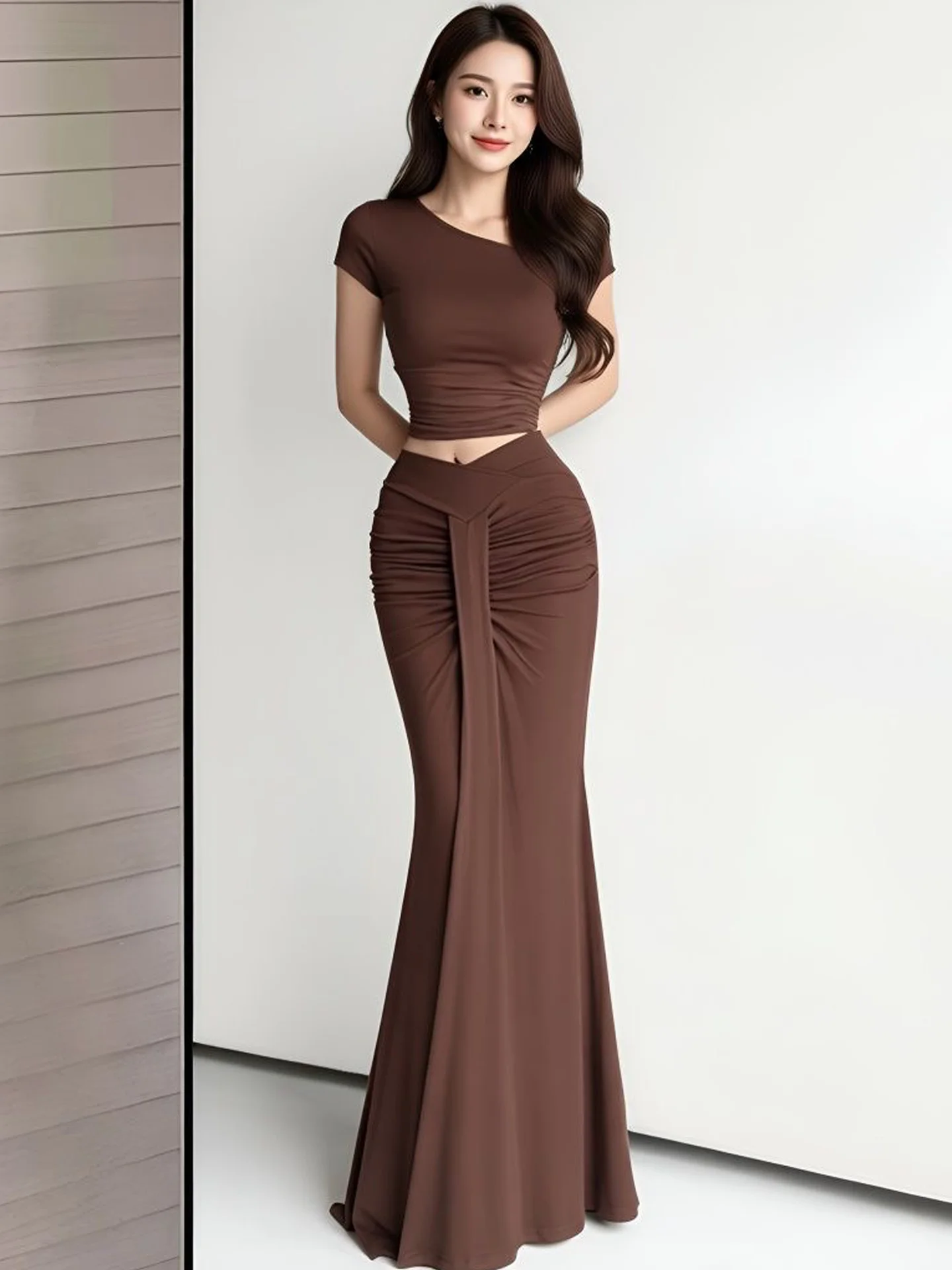 High Waist Slimming Long Fish Tail Skirt Women's Fashionable Autumn New Style Irregular Pleated Midi Skirt Meat Concealing