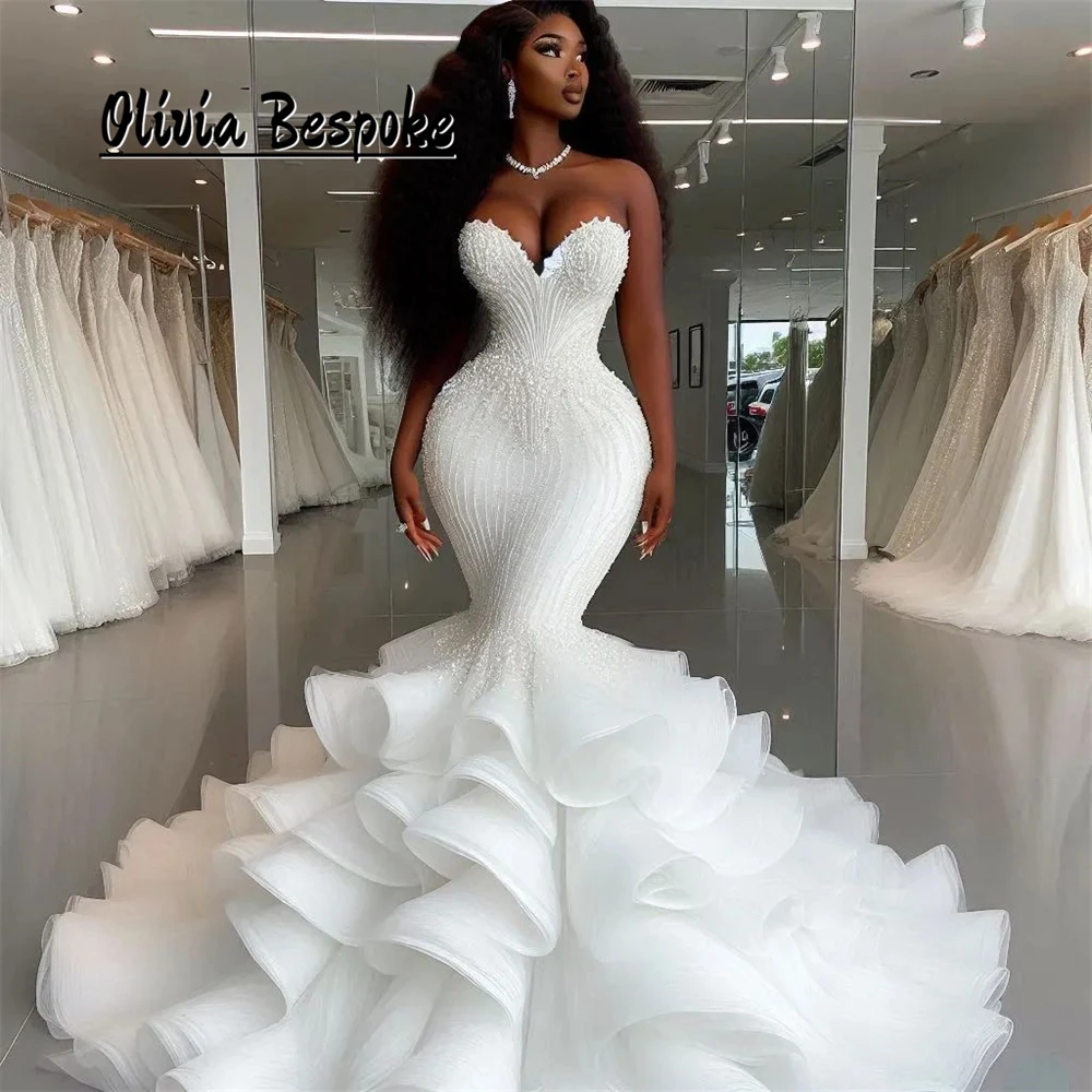 

Divine Mermaid Aso Ebi Wedding Dresses 2025 Beads Ruffles Train African Sweetheart Bridal Gown vestidos novias boda Customized