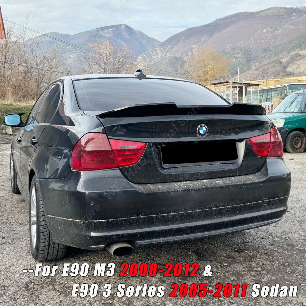 PSM Style V2 Glossy Black/Carbon Look Car Rear Trunk Roof Spoiler Wing lip For E90 M3 2008-2012 & E90 3 Series  2005-2011 Sedan