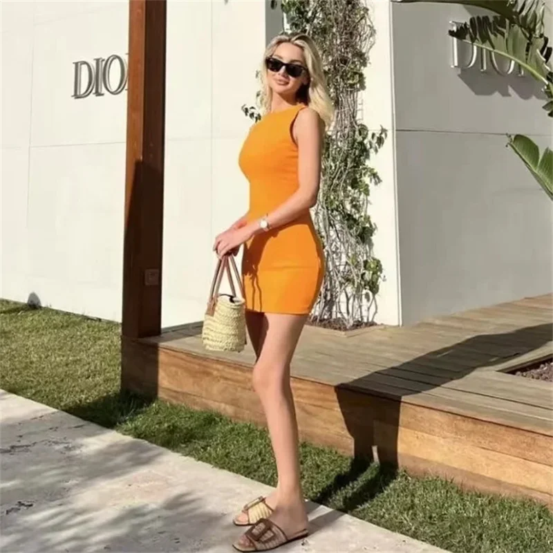 TRAF Orange Sleeveless Short Dresses For Women Green Black Mini Bodycon Dress Women Elegant Lady Dress 2024 Summer Dresses