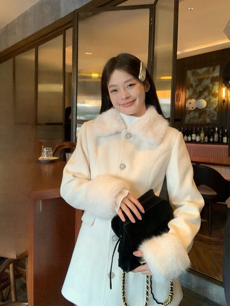 

Song Zhengen Thousand Gold Wind White Fur Collar Suit Jaet Women Winter Loose Faion Warm Woolen Long Sve Top Trendy
