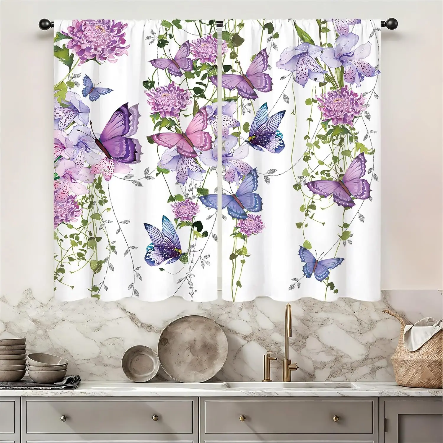 Purple Butterfly Kitchen Curtains Rod Pocket Farmhouse Floral Lavender Lilac Spring Summer Leaves Small Short Cafe Curtains