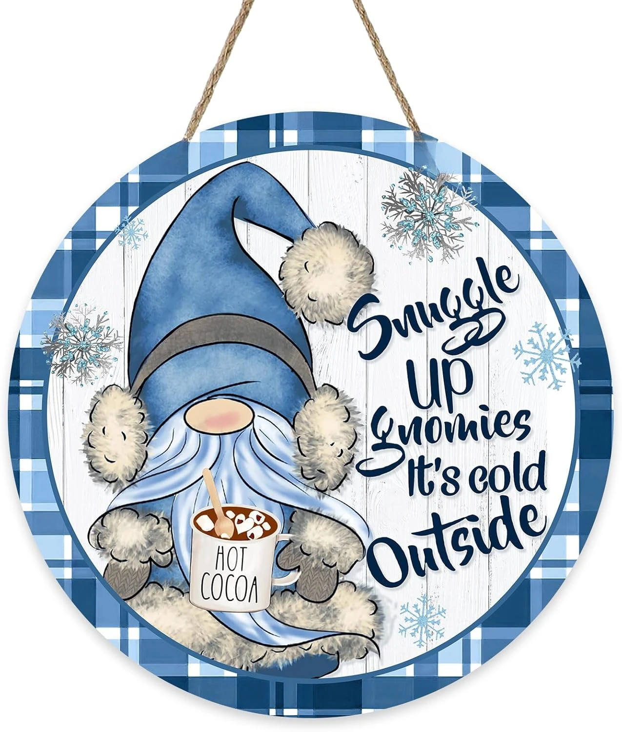 Winter Sunggle Up Gnomies It's Cold Outside Front Door Sign Blue Gnome Plaid Farmhouse Wood Door Hanger Outdoor Porch 12in